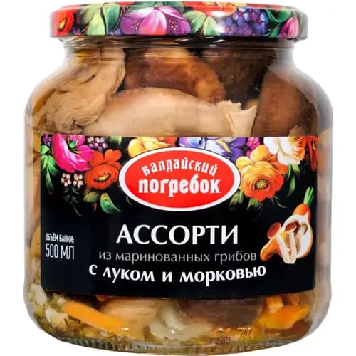Ассорти маринованных грибов Валдайский погребок с луком и морковью, 500 мл