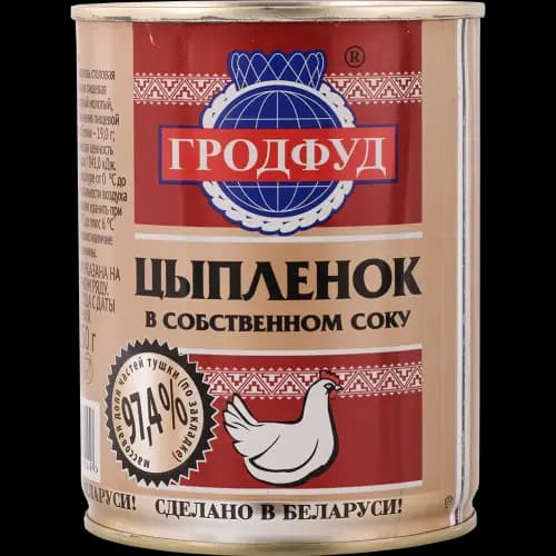 Консервы мясные Гродфуд цыпленок в собственном соку, 97.4%, 350 г