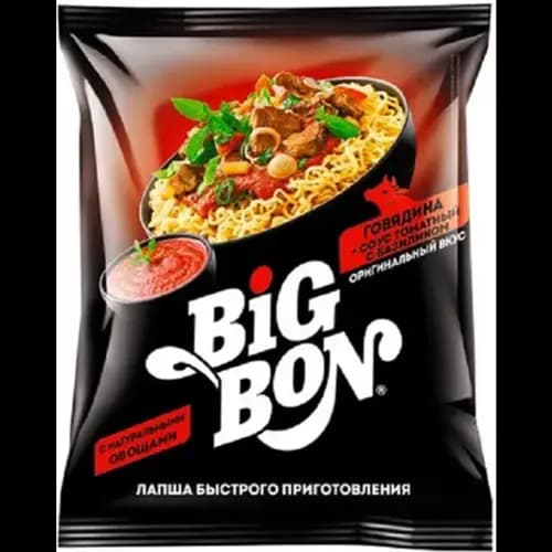 Лапша Big Bon говядина + соус томатный с базиликом,БП 75 г